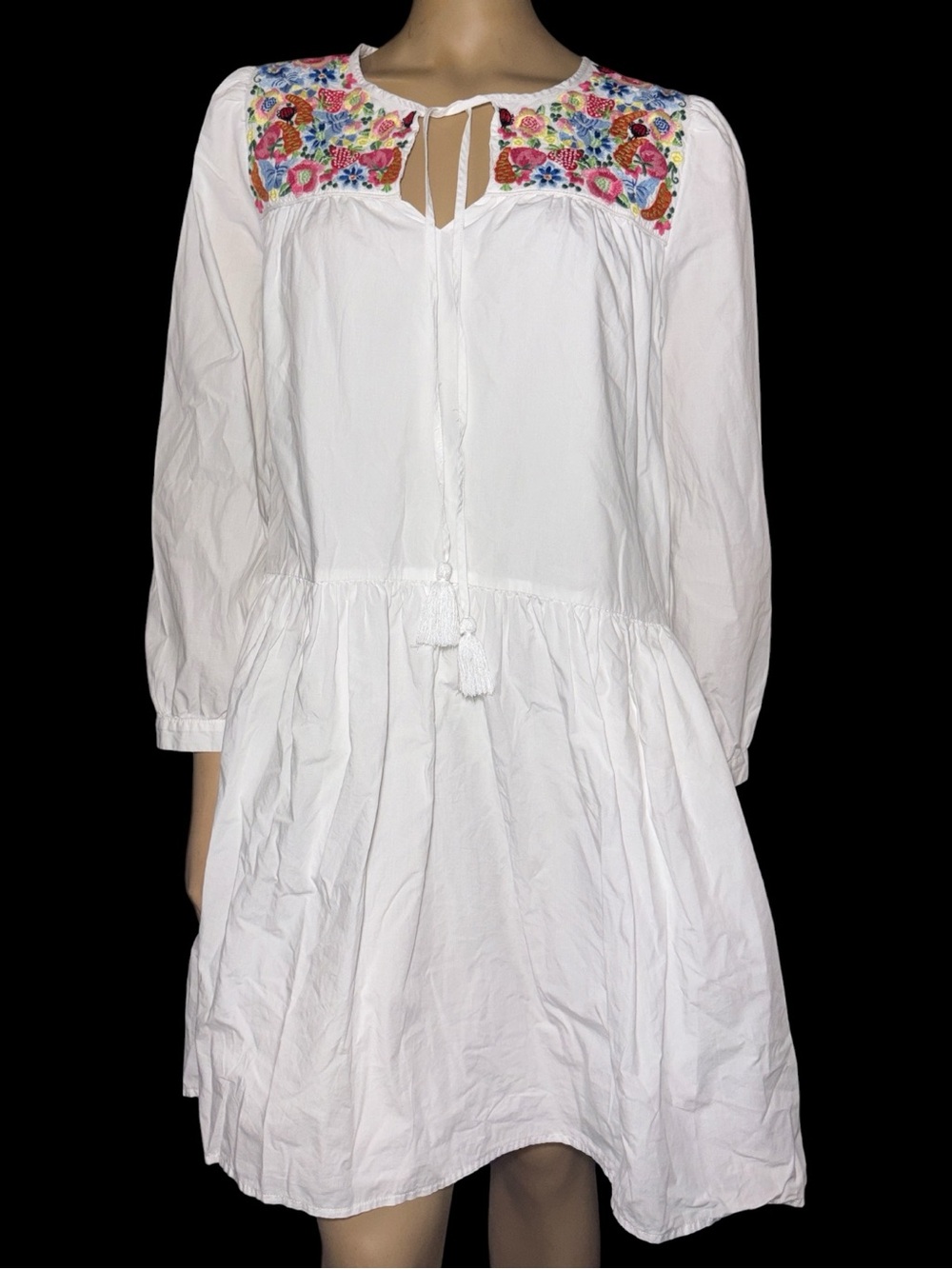 J.Crew women's White Embroidered Floral Tassel Drop Waist Dress size S